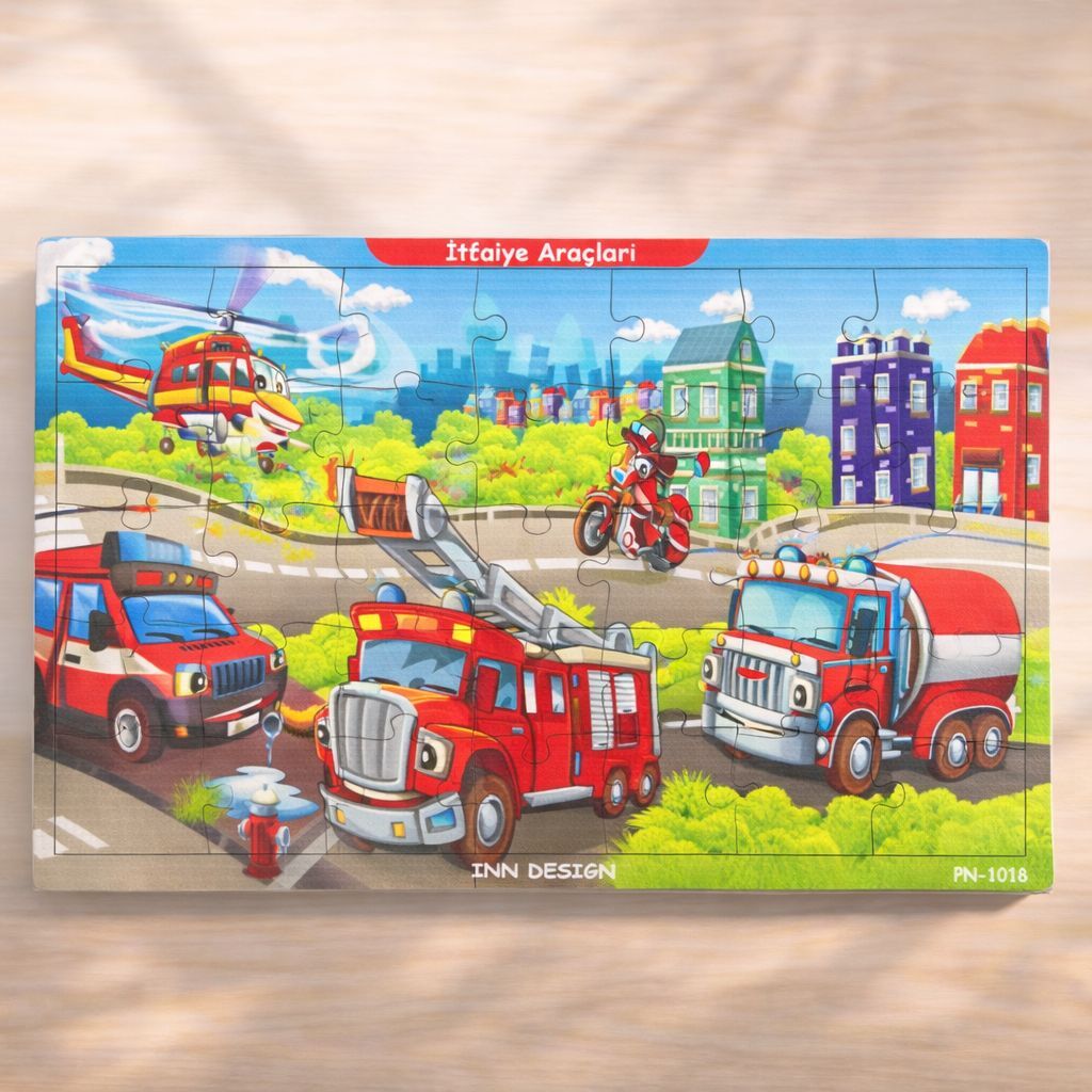 Inn Design 35 Parça Ahşap Puzzle İtfaiye Araçları Karışık Renkli