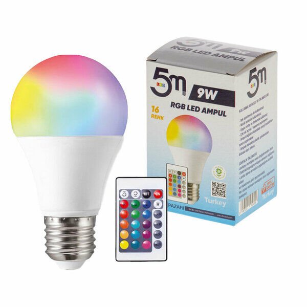 5M Rgb Led Ampul Kumandalı 9W Karışık Renkli