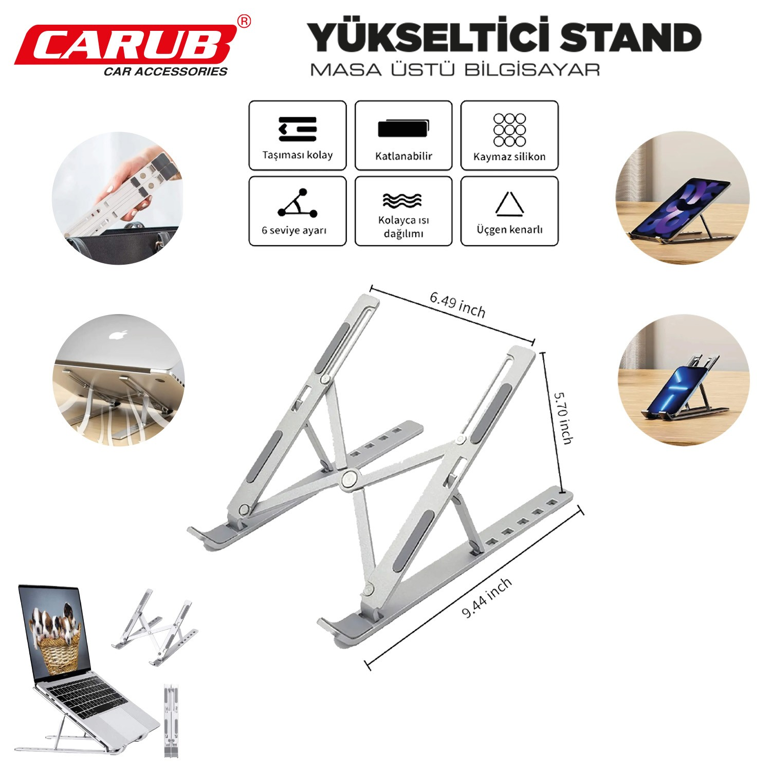 Carub Masa Üstü Bilgisayar Yükseltici Stand Gümüş