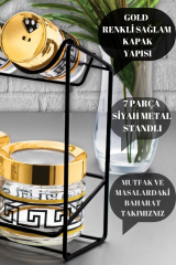 İki Katlı Cam Baharatlık Seti Metal Standlı 7 Parça Baharat Takımı