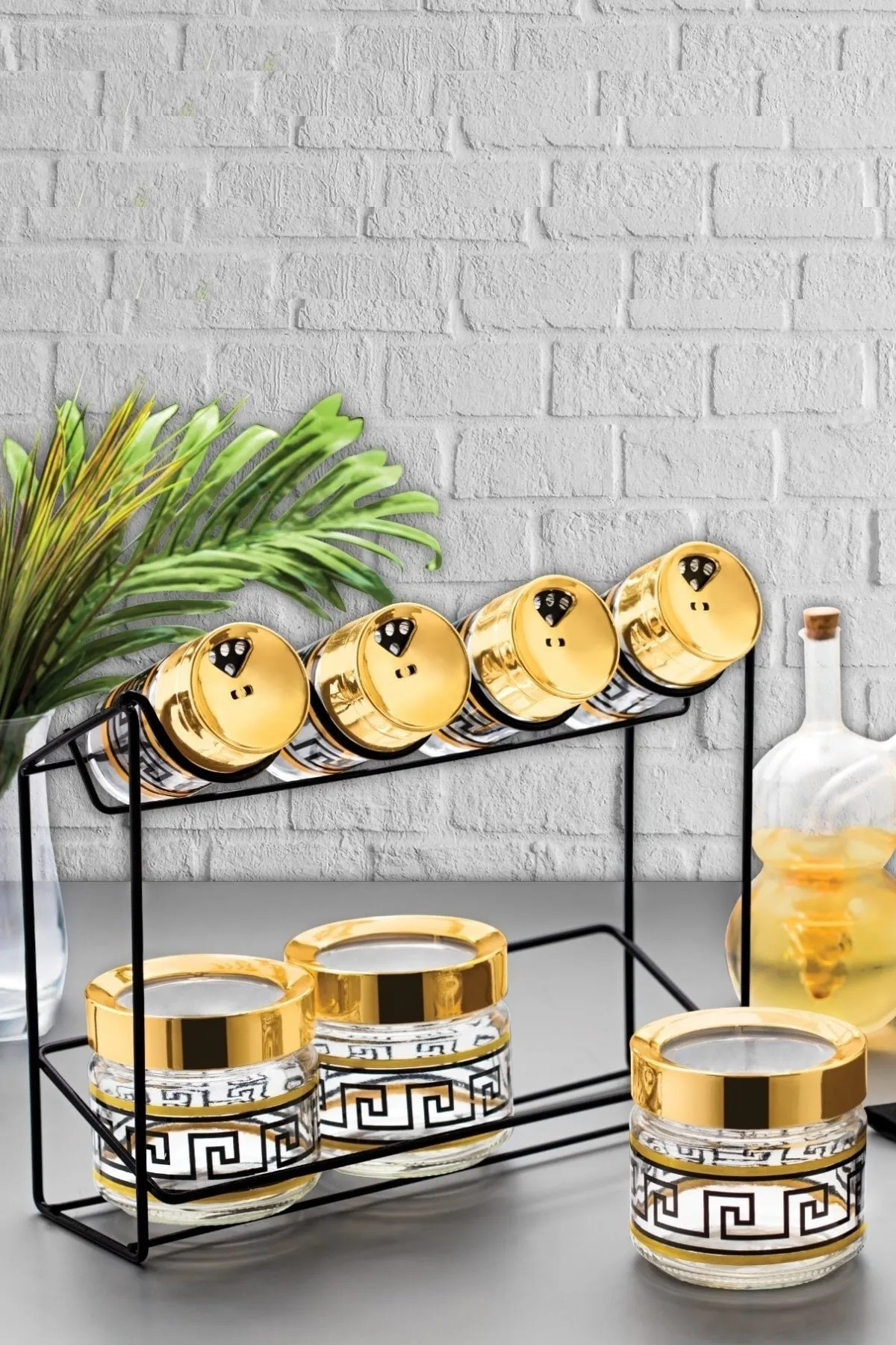 İki Katlı Cam Baharatlık Seti Metal Standlı 7 Parça Baharat Takımı Gold