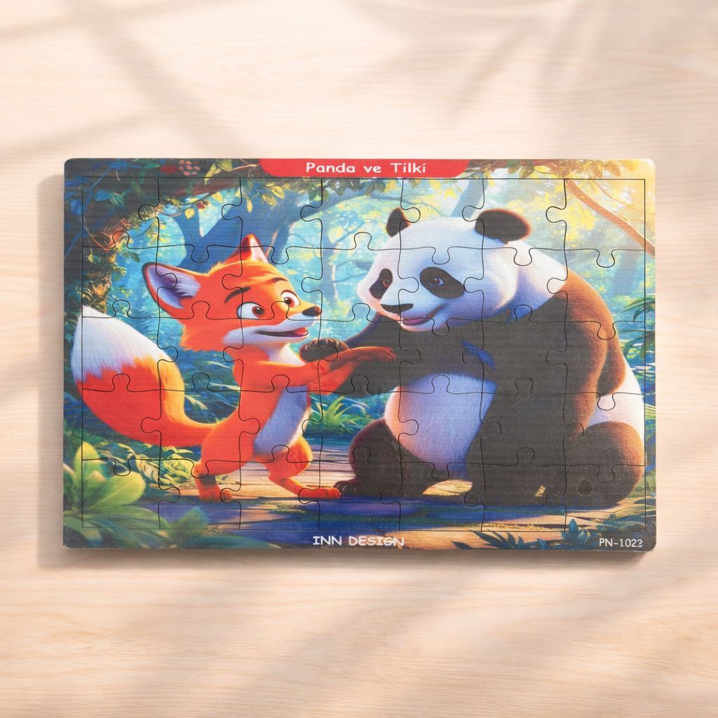 Inn Design 35 Parça Ahşap Puzzle Panda Ve Tilki Karışık Renkli
