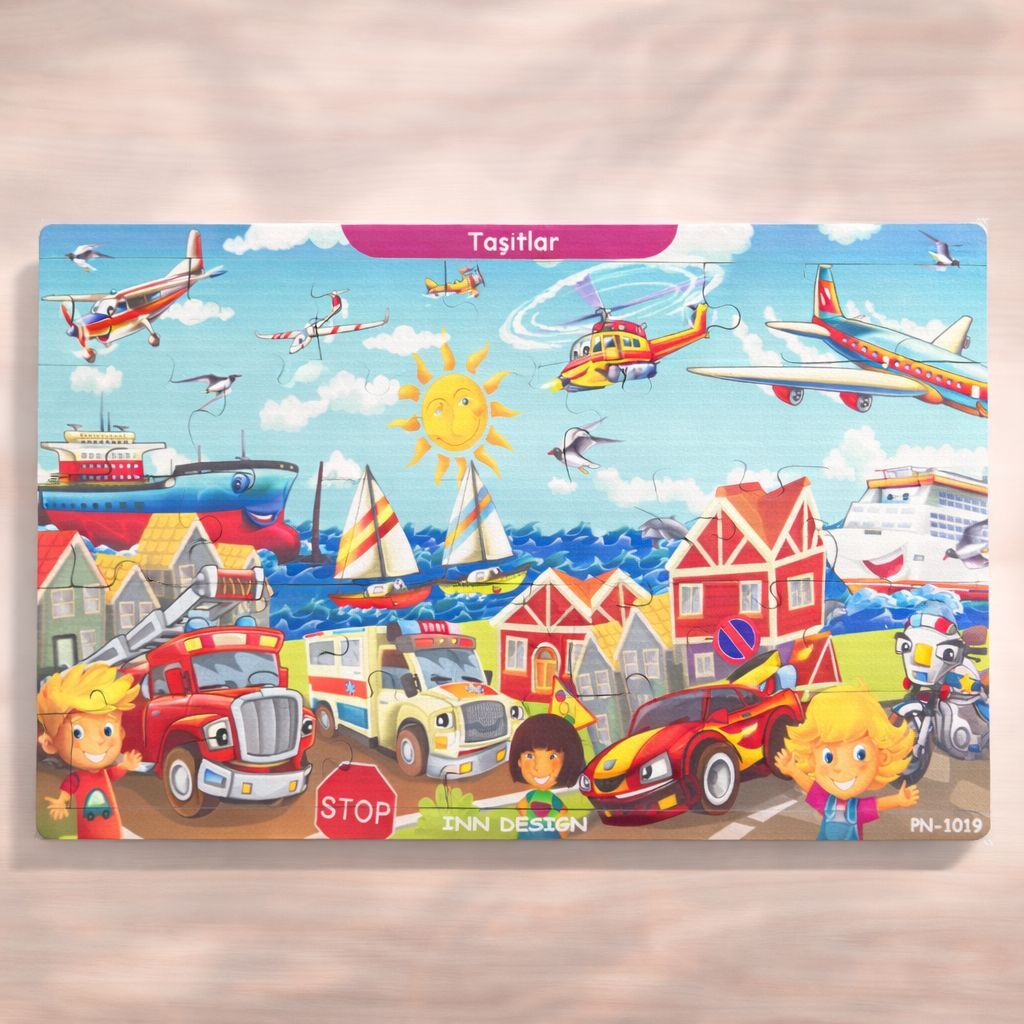 Inn Design 35 Parça Ahşap Puzzle Taşıtlar Karışık Renkli