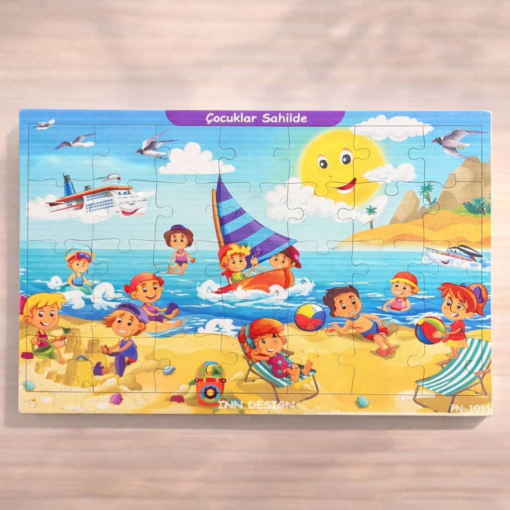 Inn Design 35 Parça Ahşap Puzzle Çocuklar Sahilde Karışık Renkli