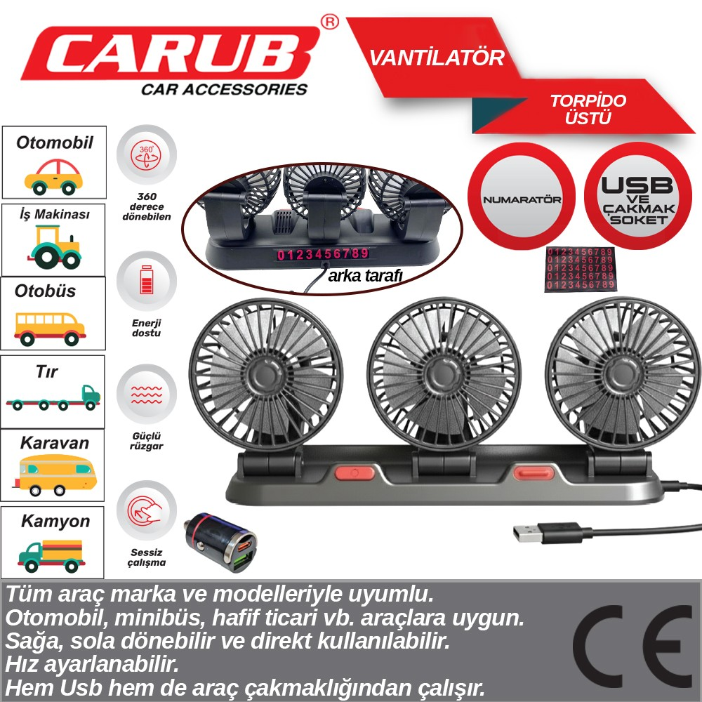 Carub Oto Vantilatör Torpido Üstü Usb Üçlü+Parkmatik Siyah