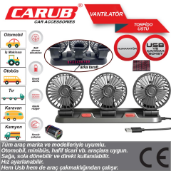 Carub Oto Vantilatör Torpido Üstü Usb Üçlü+Parkmatik Siyah