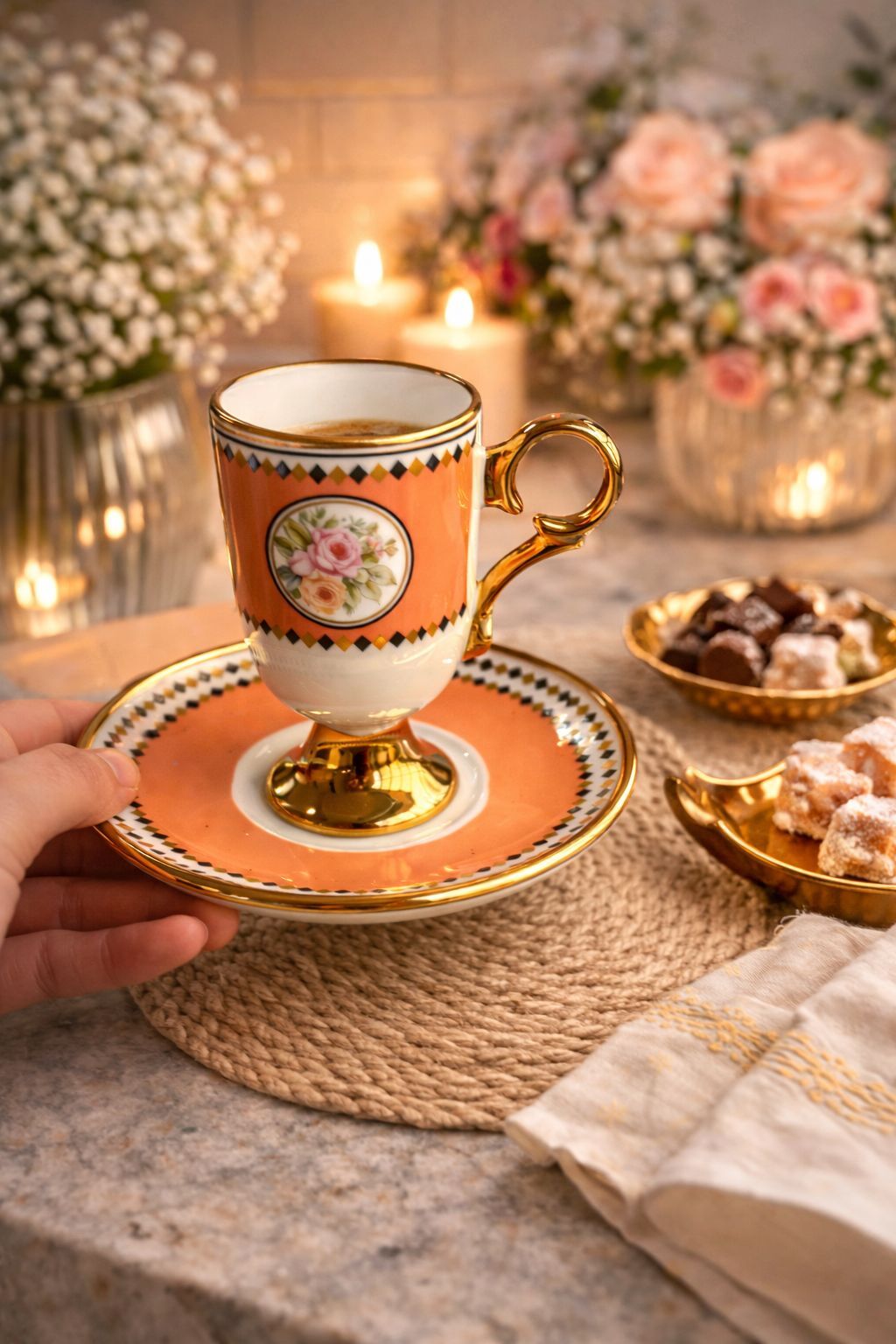 Perotti British Porselen 6 Lı Kahve Fincan Nar Çiçeği