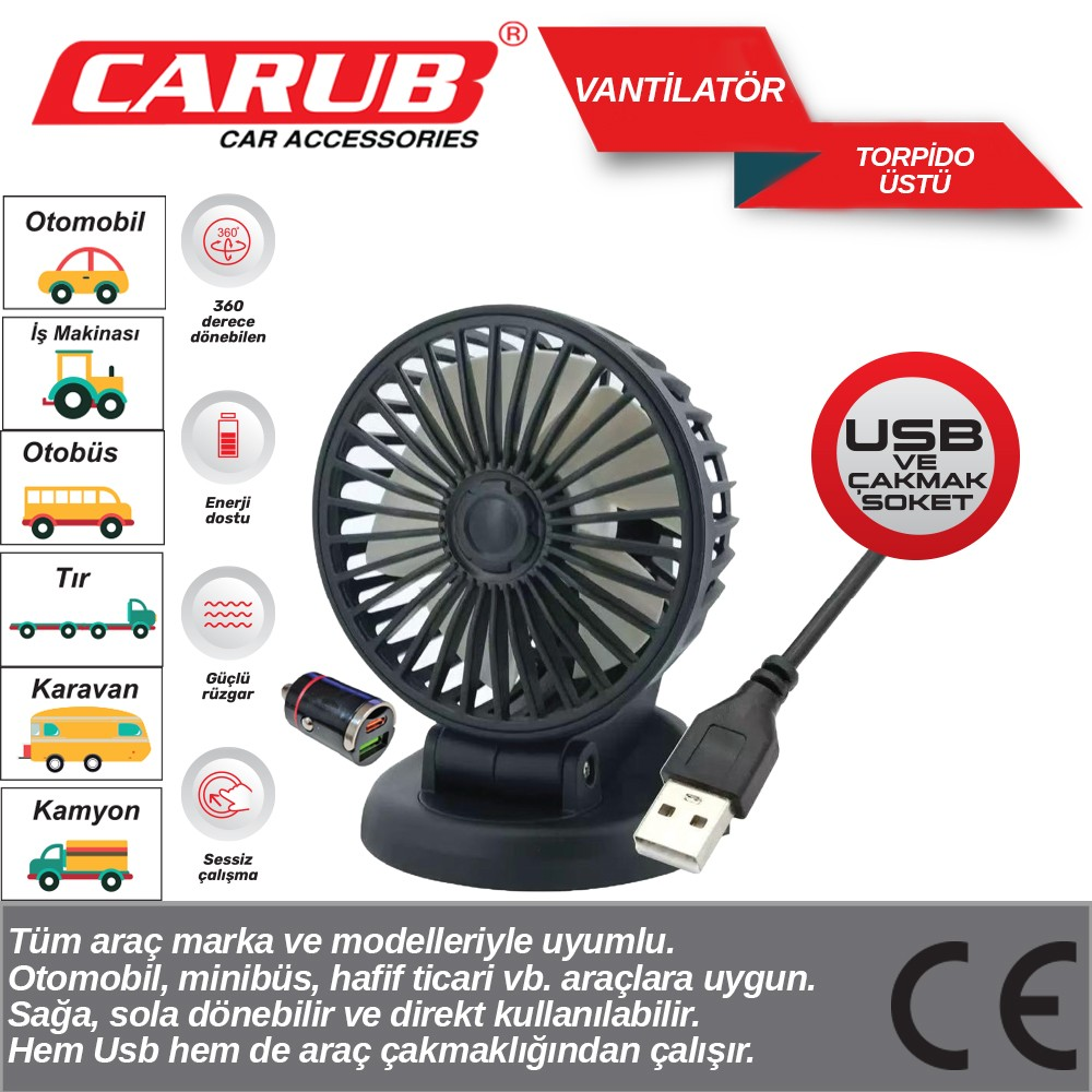 Carub Oto Vantilatör Torpido Üstü Usb Tekli Siyah