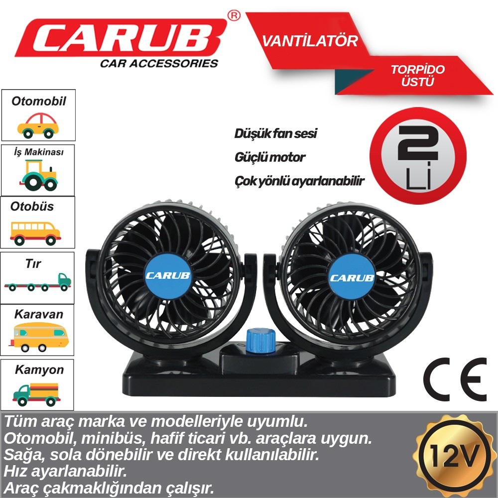 Carub Oto Vantilatör 12 V Torpido Üstü İki Fan Ayarlı
