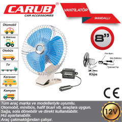 Carub Oto Vantilatör 12 V Torpido Üstü 8 İnch Mandallı