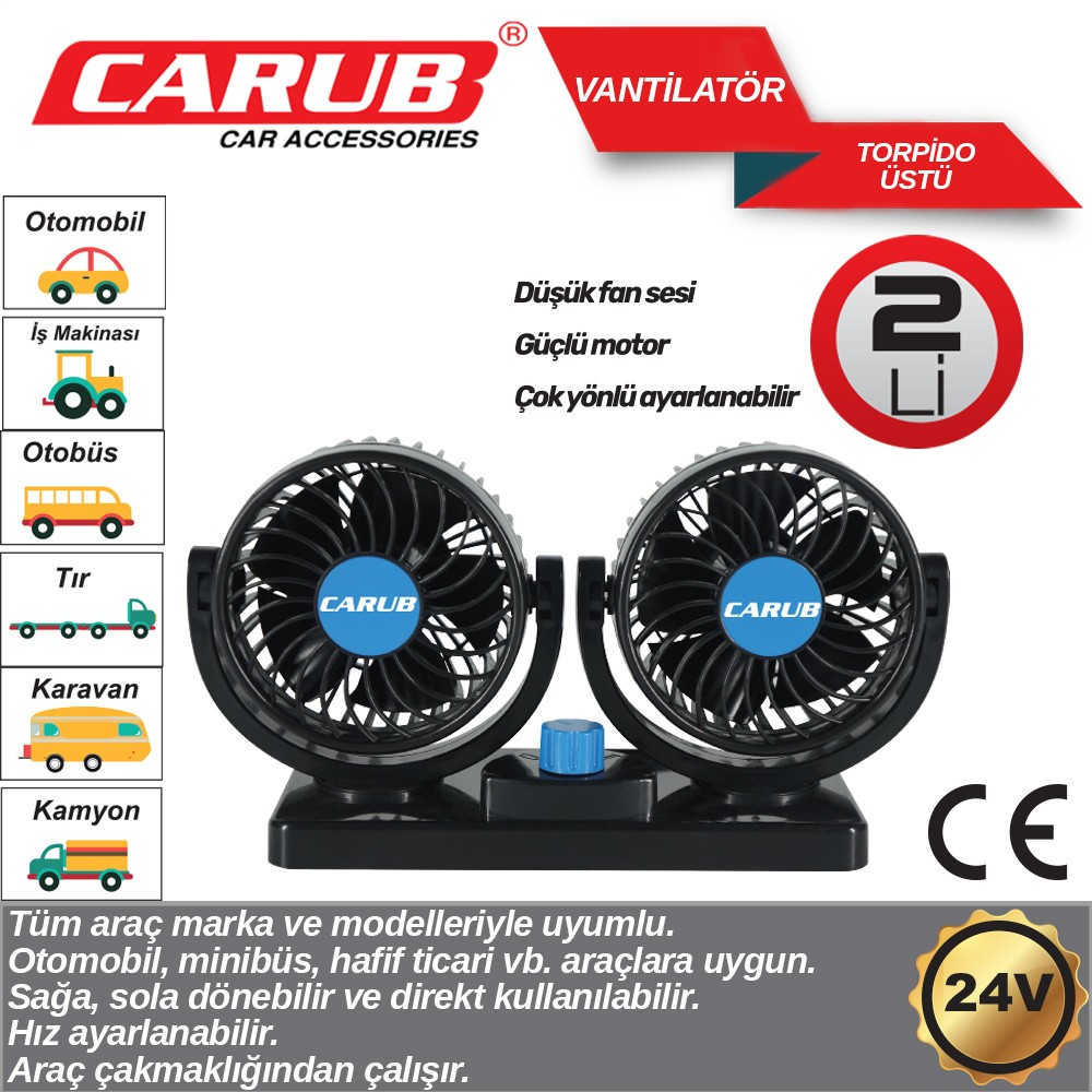 Carub Oto Vantilatör 24 V Torpido Üstü İki Fan Ayarlı