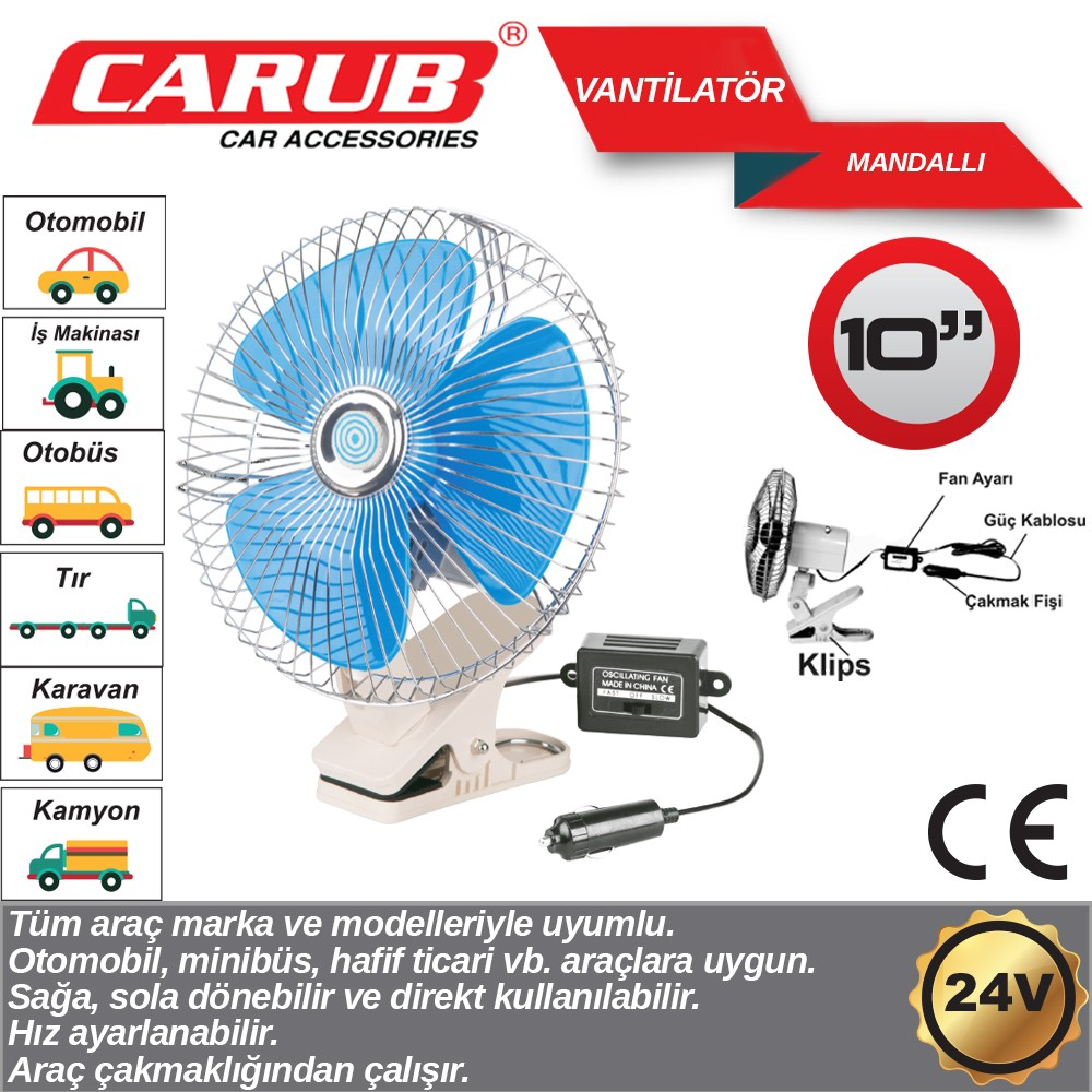 Carub Oto Vantilatör 24 V Torpido Üstü 10 İnch Mandallı
