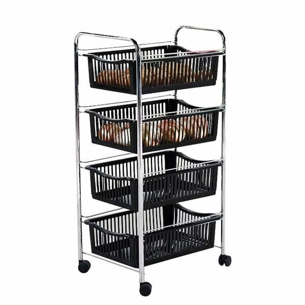 Elmop Sebzelik 4 Katlı Plastik Raflı (16 Luk Boru 0.9mm )  Krom Kaplama