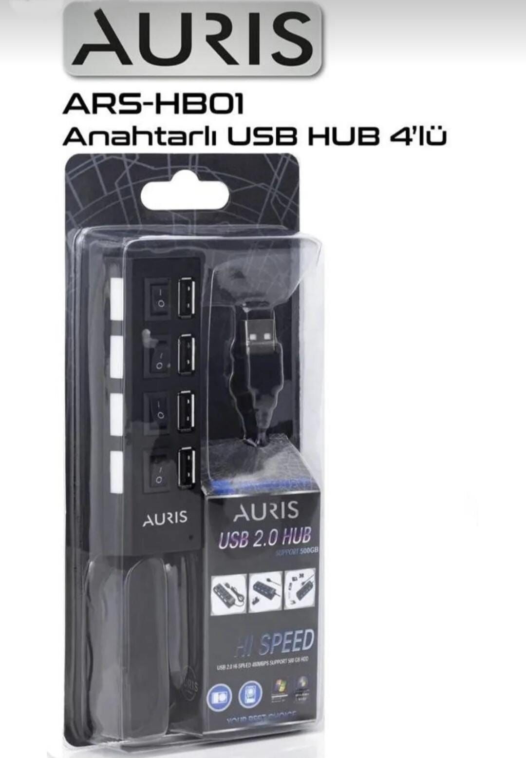 Auris USB Port Çoğaltıcı 4 Lü Anahtarlı 2.0 Siyah