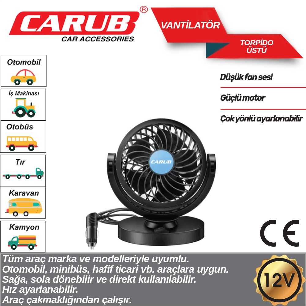Carub Oto Vantilatör 12 V Torpido Üstü Fan Ayarlı