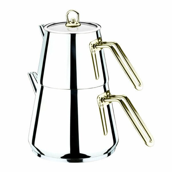 Akdeniz Çaydanlık Takımı Piramit Elit Aile Boy  Yaldızlı Çelik Kulp