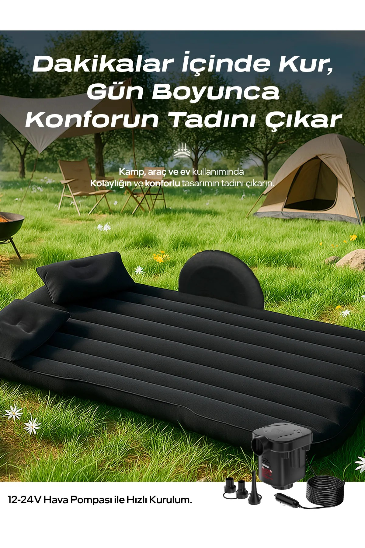 Şişme Yatak Arka  2 Yastıklı Siyah