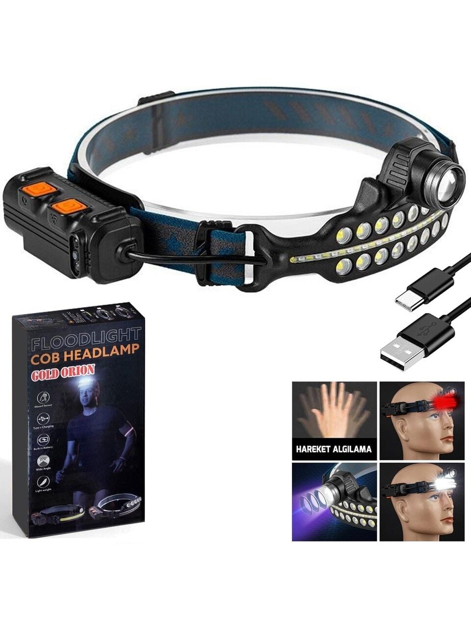 Alaska Sdr-W690-1 Kafa Feneri Lambası Cob Led Kırmızı Alarm Işıklı Sensörlü Şarjlı