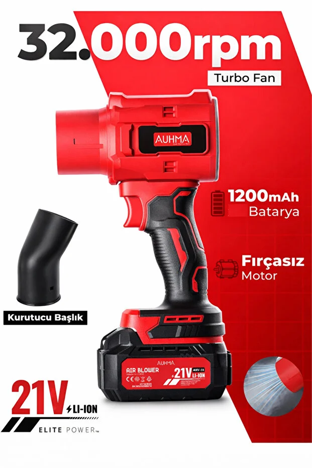Auhma Ahv-18 Turbo Hava Üfleyici Kurutucu Başlıklı 21 V 2 X 1.200 Bataryalı Kırmızı