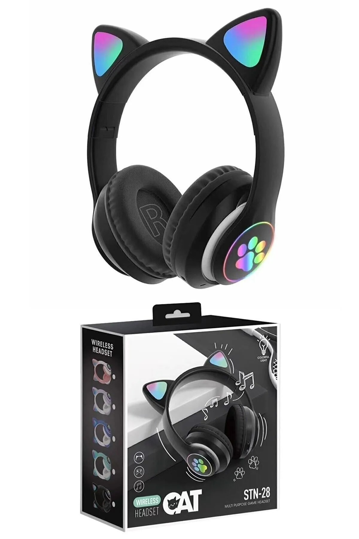 Dempower Dp-349 Kedi Kulağı Detaylı Kablosuz Rengarenk Işıklı Bluetootlu Kulaklık Fm Radio Siyah