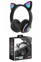 Dempower Dp-349 Kedi Kulağı Detaylı Kablosuz Rengarenk Işıklı Bluetootlu Kulaklık Fm Radio Siyah