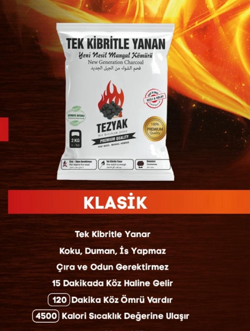 Tezyak Tek Kibritle Yanan Yeni Nesil Mangal Kömürü Eco Klasik 2 Kg