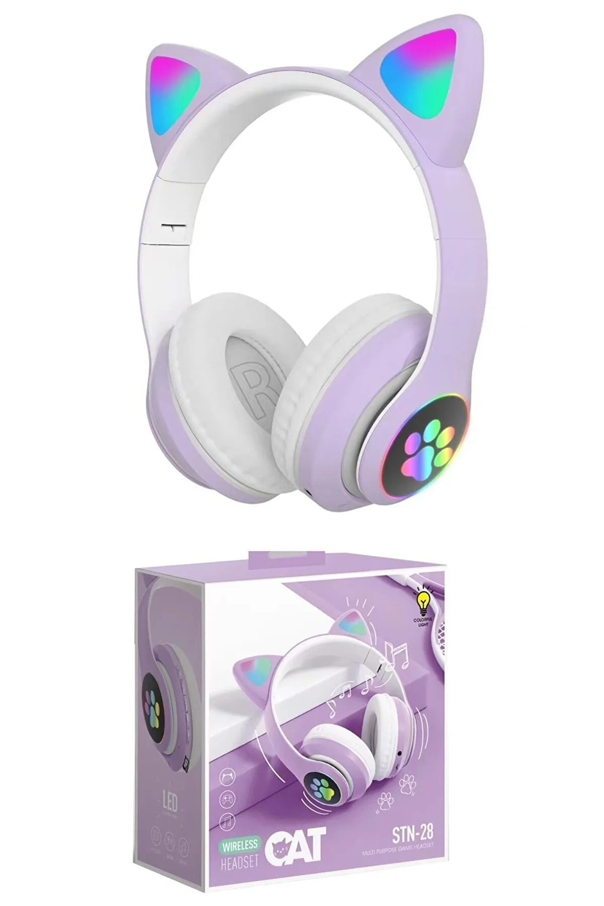 Dempower Dp-349 Kedi Kulağı Detaylı Kablosuz Rengarenk Işıklı Bluetootlu Kulaklık Fm Radio Lila