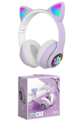 Dempower Dp-349 Kedi Kulağı Detaylı Kablosuz Rengarenk Işıklı Bluetootlu Kulaklık Fm Radio Lila