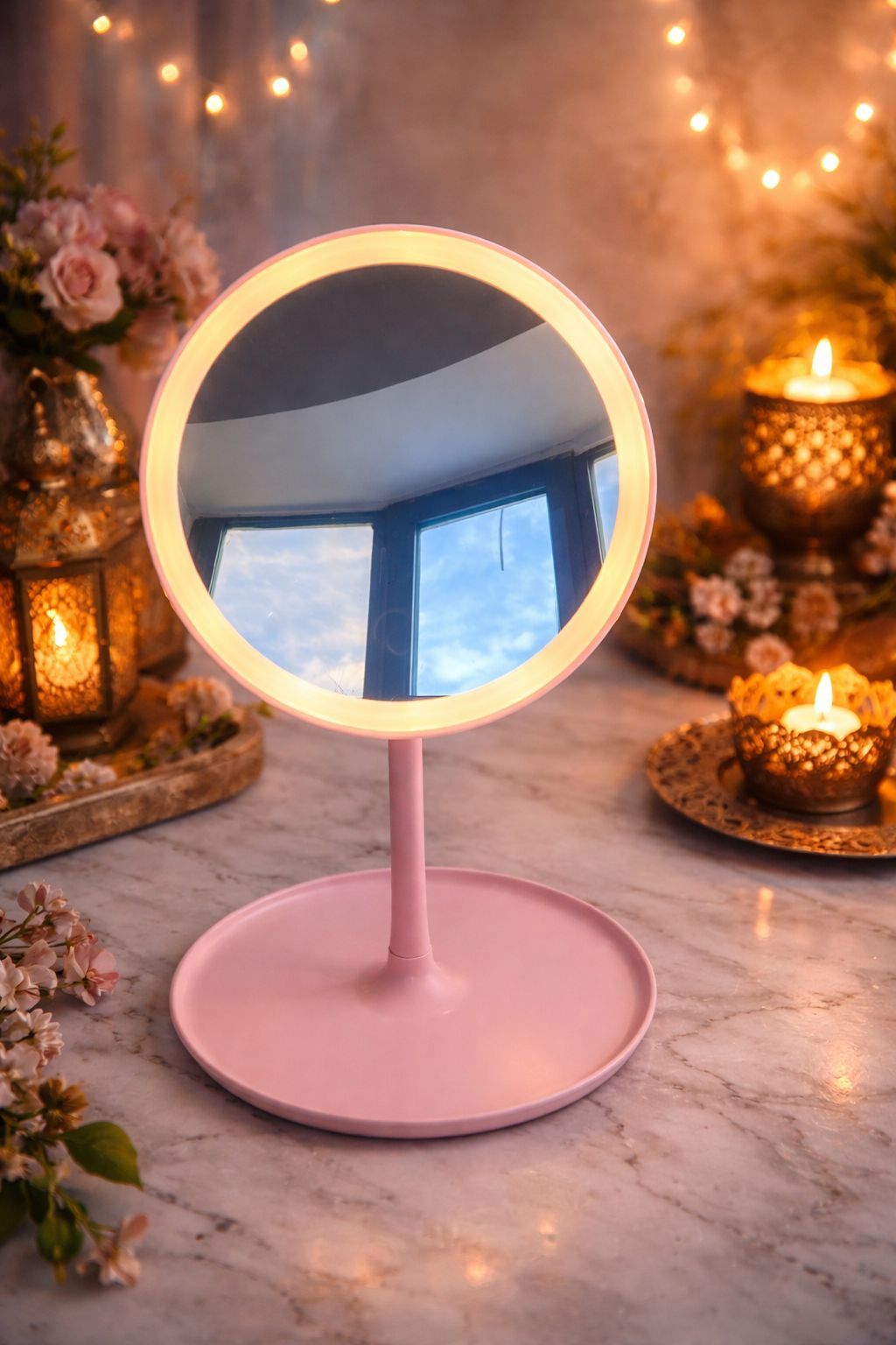 Krd Home Ayna Butterfly Ledli Yuvarlak Pembe