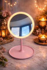 Krd Home Ayna Butterfly Ledli Yuvarlak Pembe