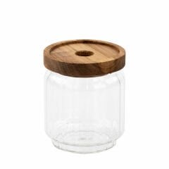 Yakut Kavanoz Cam 500 Ml Çizgili Bambu Kapak Yuvarlak