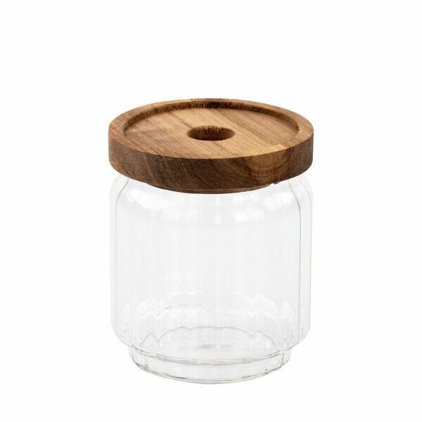 Yakut Kavanoz Cam 500 Ml Çizgili Bambu Kapak Yuvarlak Ahşap