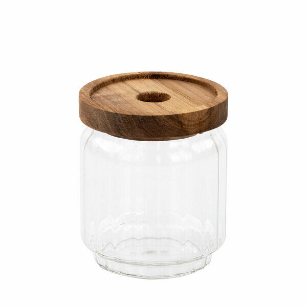 Yakut Kavanoz Cam 500 Ml Çizgili Bambu Kapak Yuvarlak Ahşap