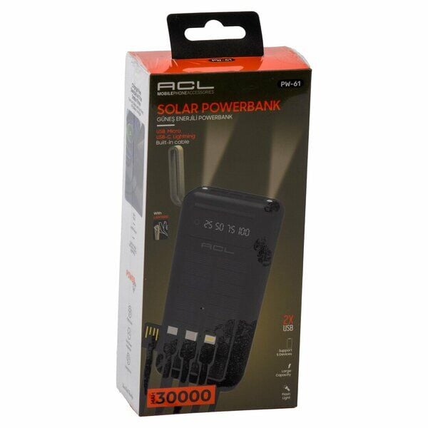 Acl Powerbank Solar Lcd Gösterge 30.000 Mah USBX2 PW-61 Siyah