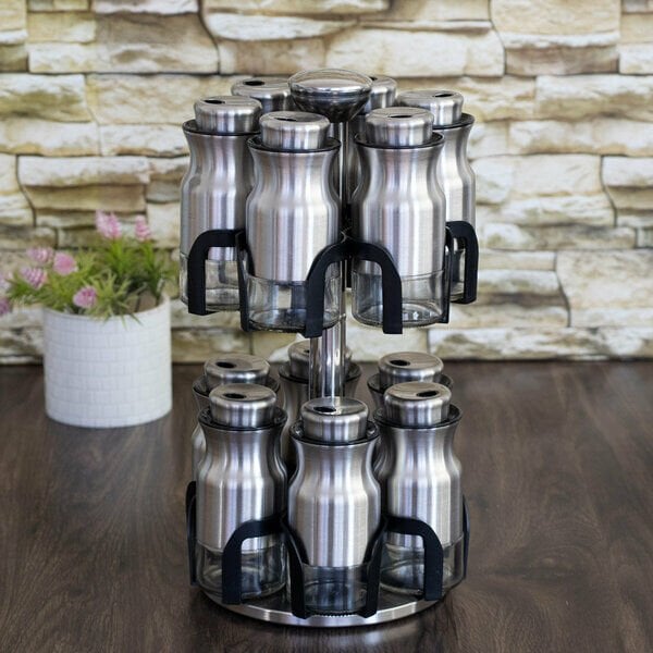 Yakut Baharat Takımı Cam Metal Döner Standlı 12 Parça Krom Kutulu