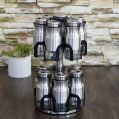 Yakut Baharat Takımı Cam Metal Döner Standlı 12 Parça Krom Kutulu