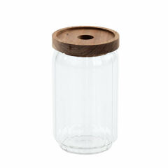 Yakut Kavanoz Cam 750 Ml Çizgili Bambu Kapak Yuvarlak Ahşap