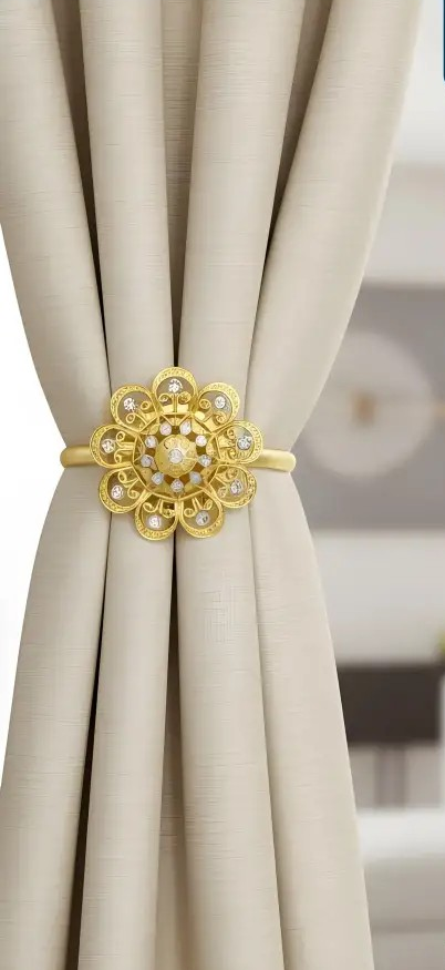İvory Mıknatıslı Perde Mandalı Tekli Gül Desen Gold