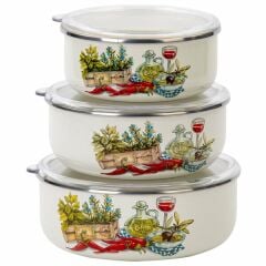 Alev Saklama Kabı Emaye 14-16-18 Cm Desenli Beyaz