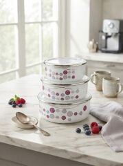 Alev Saklama Kabı Emaye 14-16-18 Cm Desenli Beyaz