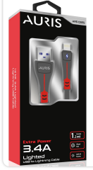Auris Cb25 Lightning Şarj Kablo Işıklı 3.4A Siyah