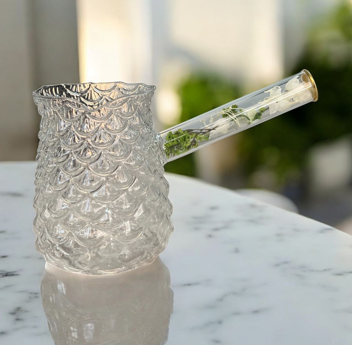 Lavin Cezve Cam Çiçekli Cam Saplı 400 Ml No:2 - Şeffaf