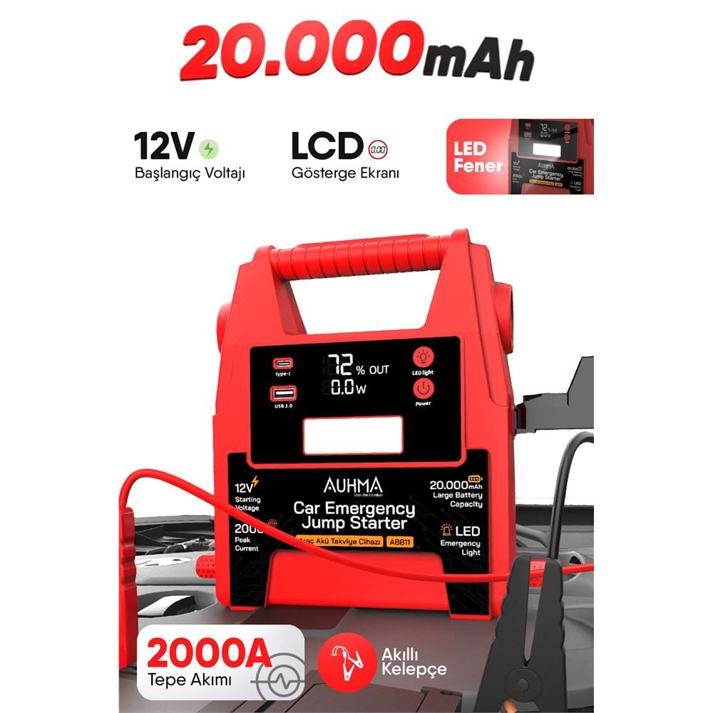 Auhma A8811 Akü Takviyeli Şarjlı Powerbank Dijital Fener 20.000 Mah Kırmızı