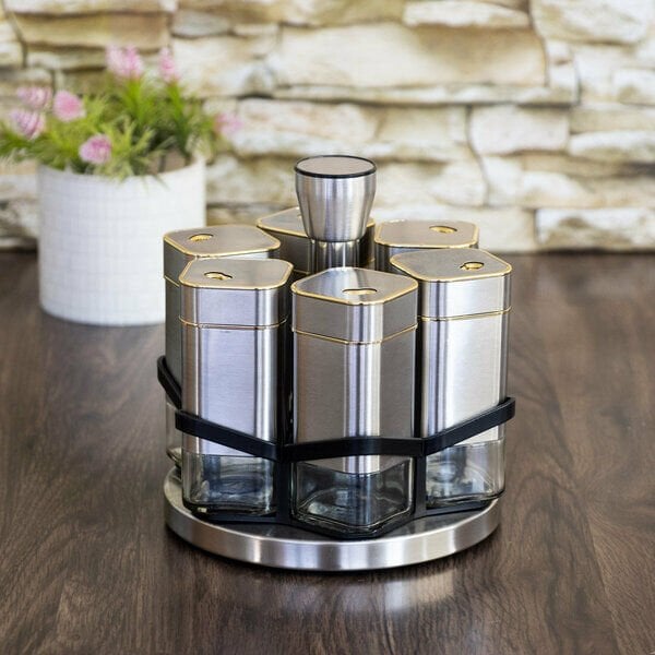Yakut Baharat Takımı Cam Metal Döner Standlı Kare 6 Parça Kutulu