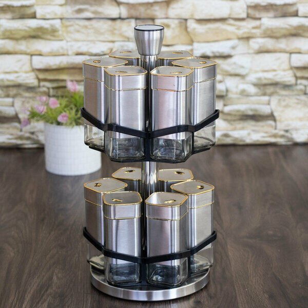 Yakut Baharat Takımı Cam Metal Döner Standlı Kare 12 Parça Kutulu