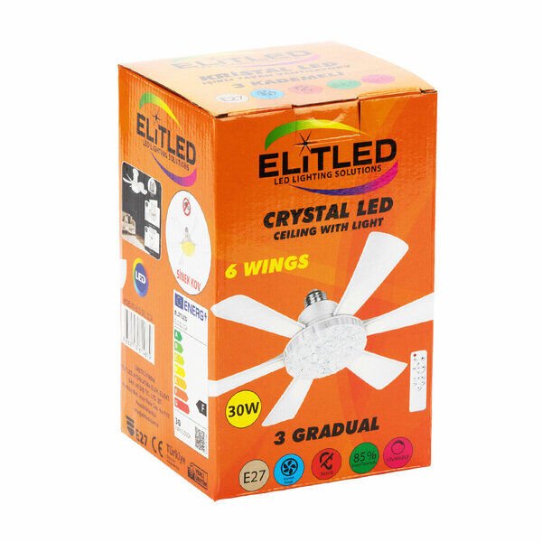 Elitled Kristal Ledli Tavan Vantilatör 3 Kademeli 6 Kanatlı
