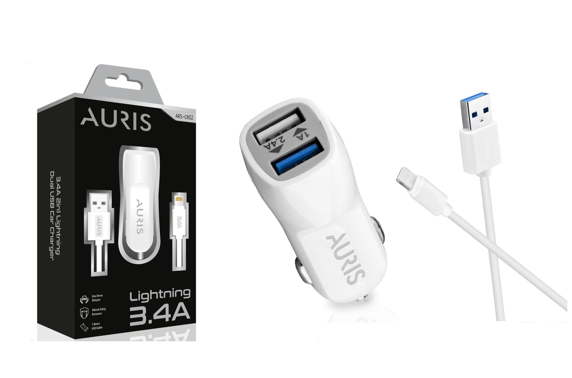 Auris Şarj Aleti Araç USB Lightning 3.1 A 3.4 A Beyaz
