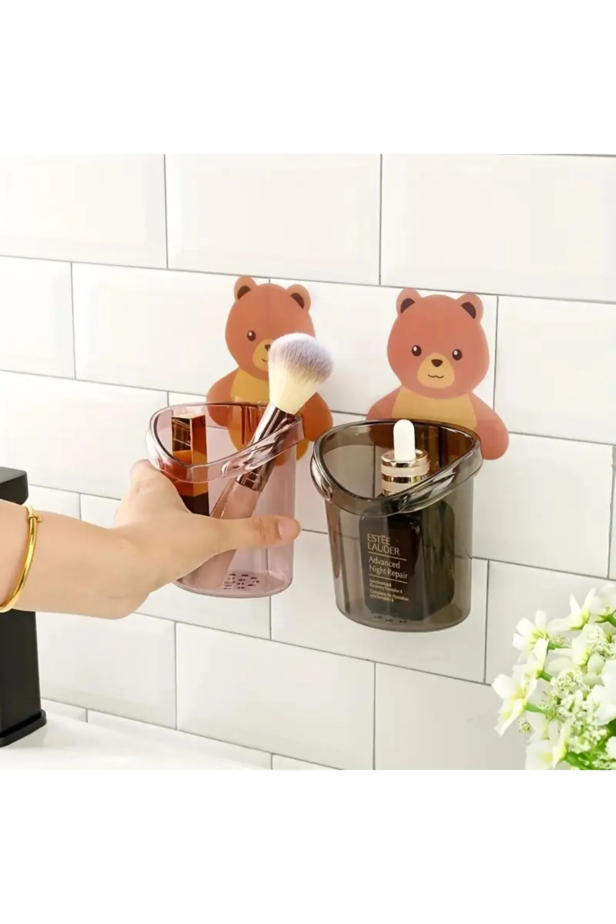 Omilife Süper Yapışkanlı Sevimli Ayı Diş Fırçası Kutusu Banyo Makyaj Organizeri Fenomen Ürün Siyah