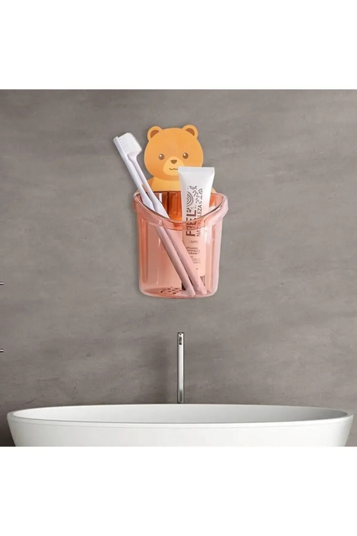 Omilife Süper Yapışkanlı Sevimli Ayı Diş Fırçası Kutusu Banyo Makyaj Organizeri Fenomen Ürün Pembe