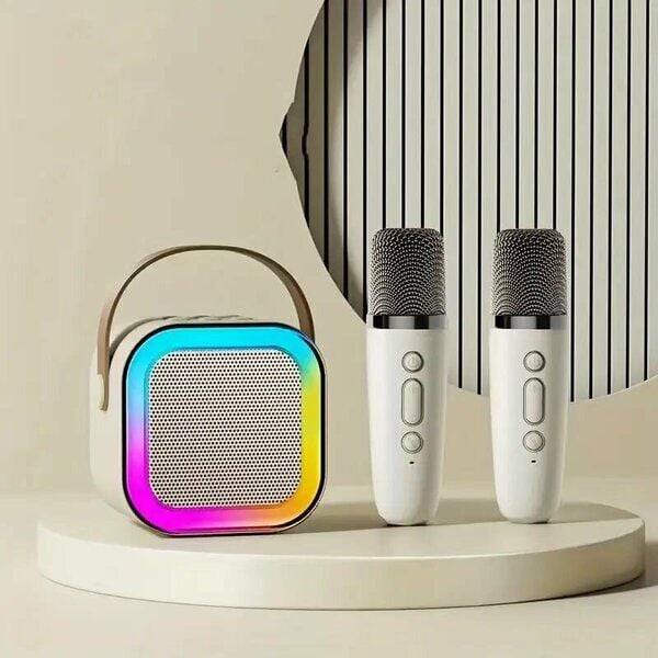 Power Style Speaker Hoparlör Karaoke Çift Mikrofonlu Bluetooth 5 W Krem